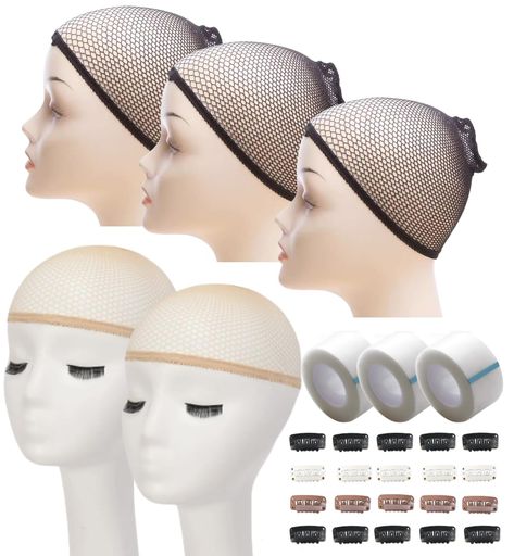 【CRSHIP】ウィッグネットコスプレ筒型黒肌色5個(黒3個+肌色2個)&リフトアップテープ3個セット+ウィッグ固定用クリップ20個(黒10個+ホワイト5個+ライトブラウン5個)ウィッグキャップメッシ…