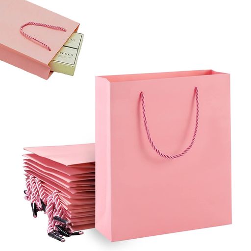 Ousaliyea縦型紙袋、厚手の無地ギフトバッグ15点セット20x10x28cm、ギフトボックスギフト包装トートバッグあらゆる種類のホリデーギフト包装に適しています(中、ピンク)