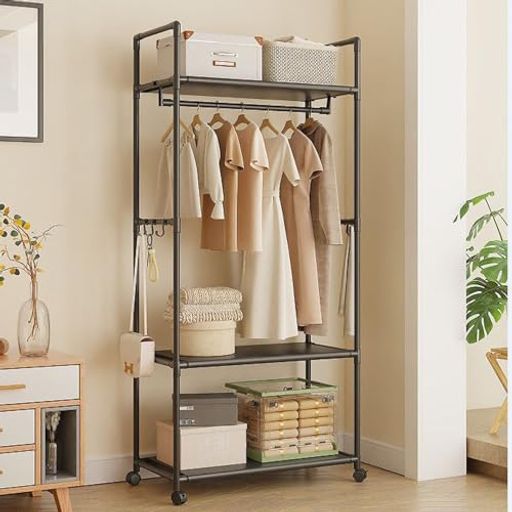 おしゃれハンガーラック収納付き洋服収納ラックキャスター付き挂衣架立式フック6個付き服掛け棚付きス..