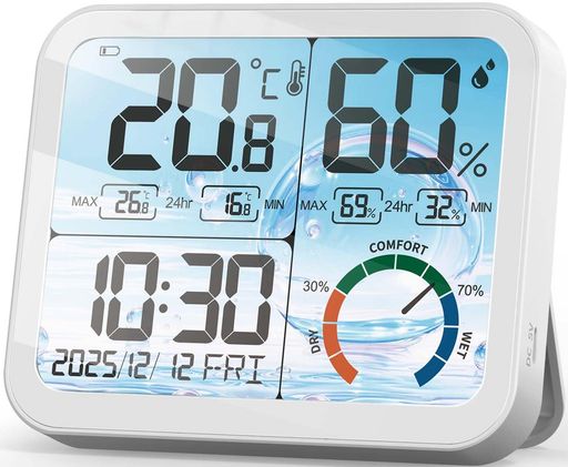 VOCOO温湿度計時計14.7cm大型LCDディスプレイ高精度温度湿度測定環境快適度表示12/24時間表示切り替え最高最低記録機能快適性バックライト日付と時計付き(白)(4.0)