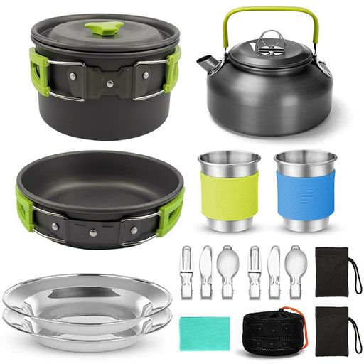 OULOVECO キャンプ用調理器具セット 3点セット 食品グレードの硬質アルミニウム 耐熱 直火対応 折畳み式 軽量 収納袋付き 持ち運びに便利 キャンプ用品 ステンレスカップと食器付き アウト… vicsystore-10118445 vicsystore パッケージ画像
