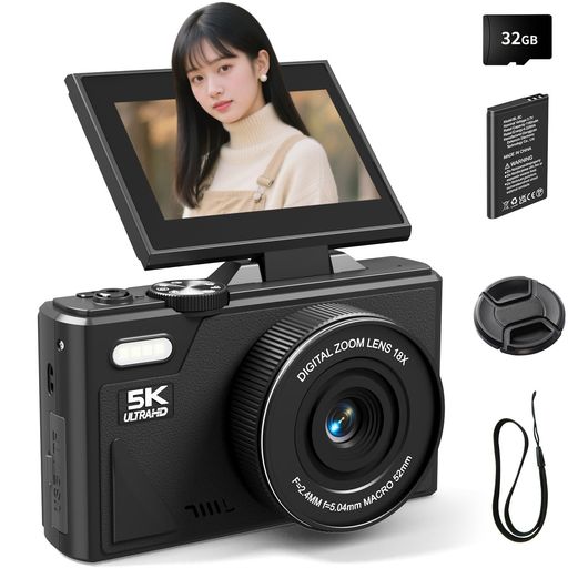 SRVRデジタルカメラ5K録画デジカメ7500万画素Wi-Fi機能180度回転ディスプレイ自動18倍デジタルズーム連..