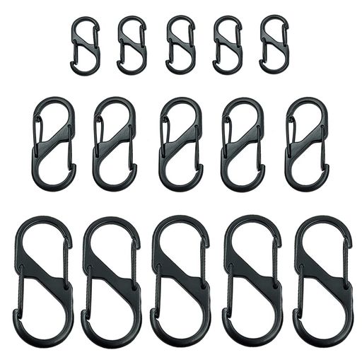 카라비나 S자형 극소 카라비나 소형 다기능 생활 잡화 도난 방지 분실 방지 아웃도어 등산 캠프 낚시 등산 용품 블랙(블랙 32x14mm40x18mm48x21mm3사이즈 각 5개, 총 15개)