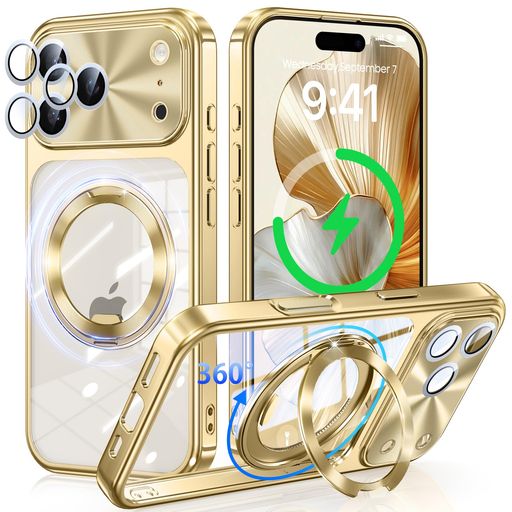 樂天商城 - iPhone17ProMax用ケースMagSafe対応【回転歯車音CD模様リング付き+一体型CD模様カメラレンズ保護】360度回転スタンド縦横両対応電気メッキバンパーOURJOYスマホケースアイフォン17プロマックス…