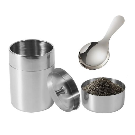 latikaly 茶筒 ステンレス 400ml 茶缶 二重蓋 茶さじ付き 密閉・防湿 光遮断 鮮度を保つ 引き出 し収納 茶葉入れ 長期間鮮度保持 贈り物