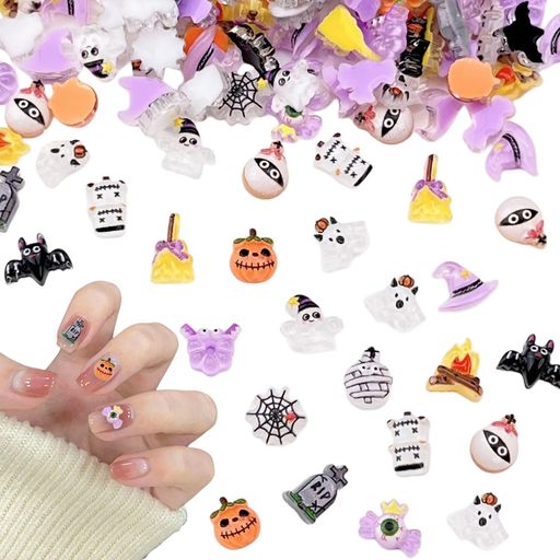 ネイルパーツ ハロウィン 100個セット 3D 立体 可愛い カボチャ おばけ コウモリ 魔女の帽子 蜘蛛の巣 ネイルパーツ ジェルネイル レジン用 ジュエリーパーツ ネイルアート デコパーツ ハンドメイド DIY ランダム形 (A)