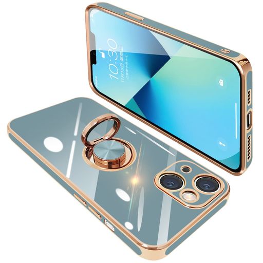 ONETIAOLONGiPhone13ケースリング付きアイフォン13リングカバー耐衝撃TPUメッキ加工360°回転スタンド機能車載ホルダーストラップホール付き6.1インチ(グレー)