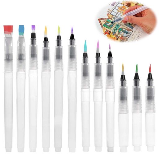 PAVIKE水筆ペン【12枚組】水筆水彩ブラシペン大容量の貯水、水溶性で洗浄が簡単、様々なペン先があり、絵画、芸術家、書道などに適