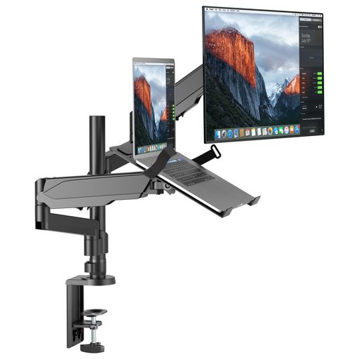 METIYAデュアルノートパソコンアームガススプリング式2画面ノートPCスタンドガス圧式17インチノートパソコン対応32インチモニター対応ケーブル収納2in1多角度調整耐荷重1-8kgグロメット式&…