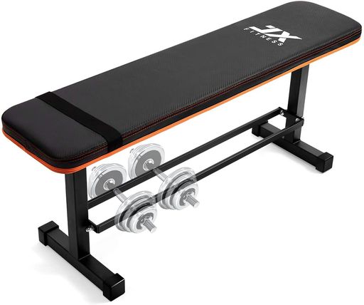 JX FITNESS 多機能フラットウェイトベンチ トレーニングベンチ シットアップベンチ ダンベル収納ラック付き多用途の 筋トレベンチ ブラックxオレンジ