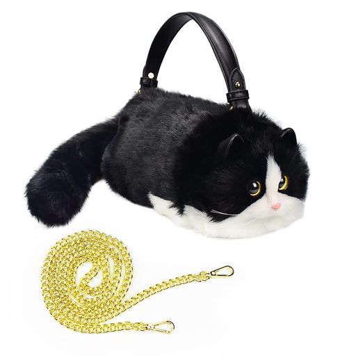 [HUIJUFU] 黒と白 ふわふわ猫型ハンドバッグ ショルダーバッグ