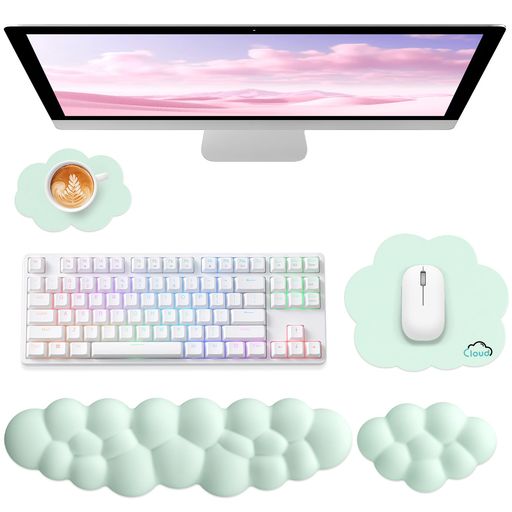 Sushret クラウドリストレスト 4点セット キーボード&マウス用 PUレザー製メモリーフォーム マウスパッド付き 手首サポートライトグリーン