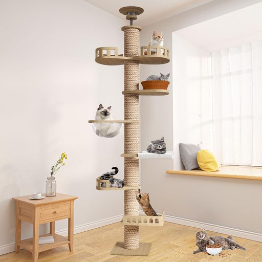 [CozyMeow] キャットタワー 突っ張り 木製 キャットツリー スリム 宇宙船 ハンモック 爪とぎ 大型猫 多頭飼い 高さ258~290cm