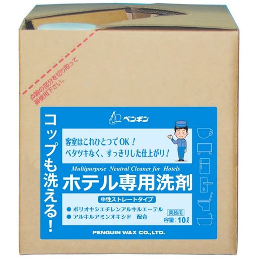 【ご購入前の重要な確認事項】 いつもご利用いただき、誠にありがとうございます。 いつも【vicsystore楽天市場店】をご利用いただき、誠にありがとうございます。 最近、商品の入数・数量・サイズなどのご注文内容に関する間違いが増えております。 お手数ではございますが、ご購入手続きの際には、入数・数量・サイズを今一度ご確認いただけますようお願いいたします。 ご注文から 30分以上経過した場合、入数・数量・サイズ等の間違いによるキャンセルはお受けできません。 ご不明な点がある場合は、必ずご注文前にお問い合わせください。 🚚 ご注文に関するご案内 最短でのお届けをご希望の方へ 日時指定をされない場合、最短での発送手配が可能です。お急ぎの場合は日時指定なしでのご注文をおすすめいたします。 営業所留めについて 営業所留めには対応しておりません。 誤った郵便番号や住所でご注文された場合、発送時に発生した費用や損失はお客様のご負担となりますのでご注意ください。 お支払い方法について コンビニ払い・銀行振込などの前払いの場合は、ご入金確認後に在庫を確保いたします。 そのため、ご入金のタイミングによっては欠品となる場合がございます。 ギフト対応について 誠に申し訳ございませんが、のし・ラッピング・メッセージカード等のギフト対応は行っておりません。 ご購入数量の上限について 当店ではすべての商品に購入上限を設けております。 上限を超える数量をご希望の場合は、ご購入前に必ずお問い合わせください。 キャンセルについて ご注文から 30分を過ぎた場合、お客様都合によるキャンセルはお受けできません。 内容に不安がある場合は、ご注文前に必ずお問い合わせください。 ドア ホテル内の広範囲な対象に使用できる多目的クリーナー 商品名:業務用 ホテル専用中性マルチクリーナー(多目的洗剤) コップも洗えるホテル専用洗剤 標準希釈倍率:原液/液性:中性 容量:10L メーカー名:ペンギンワックス株式会社