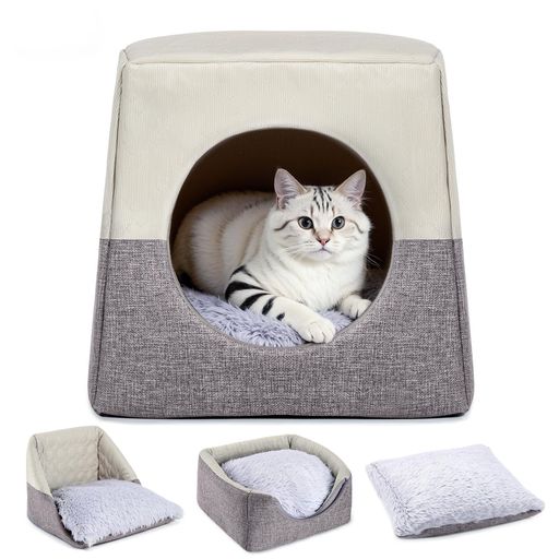 OWNPETS 猫 ベッド ドーム型 ペットベッド 夏冬両用 猫ハウス 35X35X32cm グレー 小型犬 猫用 3way 通年タイプ 寒さ対策