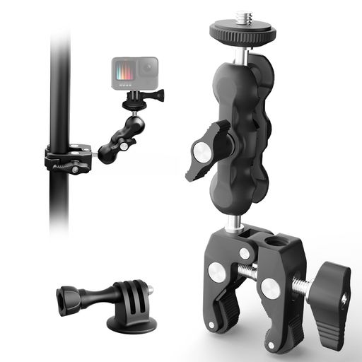 NearStream スーパークランプ スマホ/カメラ/マイク用 1/4インチ&3/8インチネジ対応 360°回転ボールヘッド 耐荷重2kg 滑り止めゴム 一脚/三脚 スタンド取付可能 軽量 アルミ合金製 ライブ配信・…