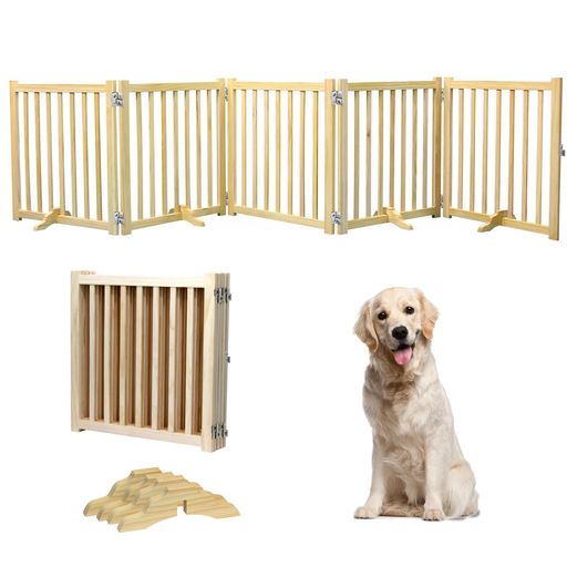 HEEOREV 木製ペットゲート ペットゲート 犬用ゲート ベビーゲート 303cmx60cm (5枚パネル) (木の色)折り畳み式ゲート 柵 犬 ゲート 安全柵 猫 ドアフェンス 猫 大型犬 脱走防止 軽量 ペット保護 …