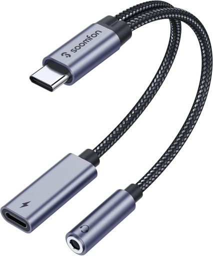 タイプc イヤホンジャック変換器 - SOOMFON 2-IN-1 USB C イヤホンジャック 60W PD急速充電 Type-C イヤホン 3.5mm オーディオアダプタ 音楽/通話 音量調節可能 MacBook iPad Pro Google