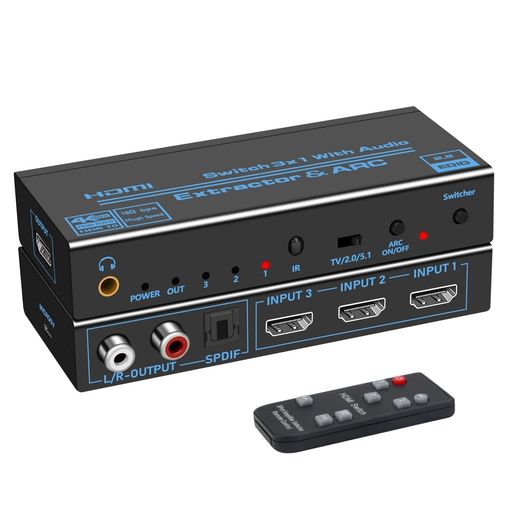 HDMI音声分離器 4K@60Hz HDR対応 HDMI 2.0切替器 3入力1出力 + 音声分離(光デジタル・R/L・3.5mm音声出力)セレクター オーディオ分離機 分配器 HDCP2.2・ARC対応 hdm iスイッチャー -取扱説明書が付属