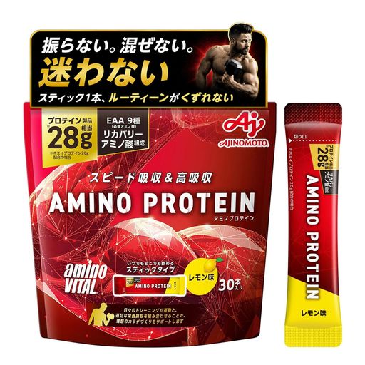 【ご購入前の重要な確認事項】 いつもご利用いただき、誠にありがとうございます。 いつも【vicsystore楽天市場店】をご利用いただき、誠にありがとうございます。 最近、商品の入数・数量・サイズなどのご注文内容に関する間違いが増えております。 お手数ではございますが、ご購入手続きの際には、入数・数量・サイズを今一度ご確認いただけますようお願いいたします。 ご注文から 30分以上経過した場合、入数・数量・サイズ等の間違いによるキャンセルはお受けできません。 ご不明な点がある場合は、必ずご注文前にお問い合わせください。 🚚 ご注文に関するご案内 最短でのお届けをご希望の方へ 日時指定をされない場合、最短での発送手配が可能です。お急ぎの場合は日時指定なしでのご注文をおすすめいたします。 営業所留めについて 営業所留めには対応しておりません。 誤った郵便番号や住所でご注文された場合、発送時に発生した費用や損失はお客様のご負担となりますのでご注意ください。 お支払い方法について コンビニ払い・銀行振込などの前払いの場合は、ご入金確認後に在庫を確保いたします。 そのため、ご入金のタイミングによっては欠品となる場合がございます。 ギフト対応について 誠に申し訳ございませんが、のし・ラッピング・メッセージカード等のギフト対応は行っておりません。 ご購入数量の上限について 当店ではすべての商品に購入上限を設けております。 上限を超える数量をご希望の場合は、ご購入前に必ずお問い合わせください。 キャンセルについて ご注文から 30分を過ぎた場合、お客様都合によるキャンセルはお受けできません。 内容に不安がある場合は、ご注文前に必ずお問い合わせください。 ホエイプロテインとロイシン高配合必須アミノ酸を独自配合した、スティック入りのプロテインです。シェイカー不要で1回分がスティック1本(4.5g)なので、計量不要かつ便利に持ち運ぶことが出来ます。 効率的なカラダづくりには、アミノ酸の量より組み合わせが重要です。味の素KKが考えたホエイプロテインxEAAの独自配合により、スティック1本でプロテイン製品28g※と同等のトレーニングによるカラダづくりをサポートします ※ホエイプロテイン20g配合の場合 EAA(必須アミノ酸)配合だから、たんぱく質の分解が不要で摂取後約30分以内に体内に吸収されます。 1本18kcalだから、減量中でもカロリーや満腹感を気にすることなく、毎日スマートに摂取できます。 運動や筋力トレーニング(筋トレ)で筋肉を付けたい方、カラダづくりやダイエットのための運動を行う方にもぴったりです。男性(メンズ)、女性(レディース)どちらにも摂取頂けます。