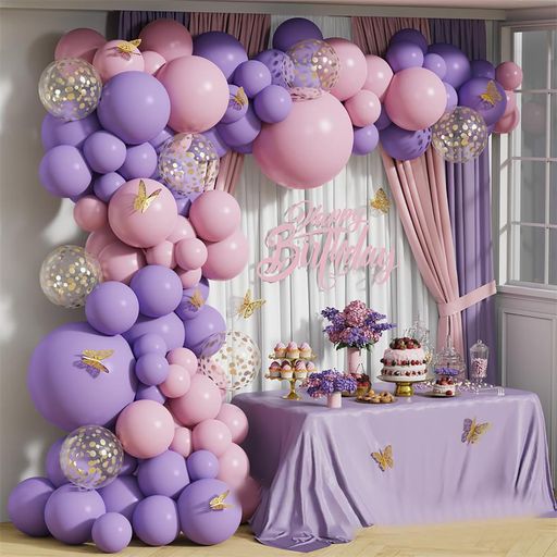 Globo de cumpleaños Globo de adorno de feliz cumpleaños Globo de arco de mariposa dorada Fiesta de cumpleaños Ceremonia de graduación de aniversario de boda, etc. (126 piezas rosa púrpura)