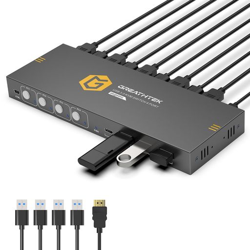 4KKVMスイッチHDMI、フルUSB3.0ポート、4台のPCコンピュータが1台のモニタを共有、KVM4入力切替器、4K@60Hz対応、ドライバ不要、プラグアンドプレイ