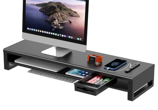 EAYHM モニター 台 USB口/2口コンセント付き 机上台 幅80CM ディスプレイ 台 引き出しとスマホホルダー付き パソコン 台 モニタースタンド ノートパソコン/プリンター/iMac/タブレットパソコン…