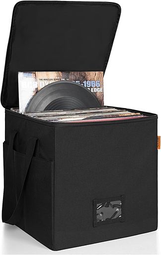 BQKOZFIN レコードケース ビニールレコード保管ボックス 長さ34.5 x 幅34 x 高い34cm 12インチ LPレコード用収納ボックス蓋付き LP盤約70枚収納可能 防塵 (ブラック)