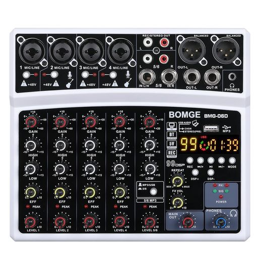 BOMGE 6チャンネルdjオーディオミキサー、MP3 USB Bluetooth、48Vファンタム電源、...