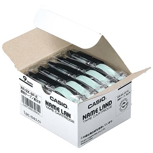 カシオ ラベルライター ネームランド 純正 テープ 9mm XR-9X-5P-E 透明に黒文字 5本