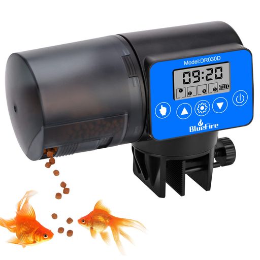 BlueFire 自動給餌器 魚 餌やり器 360°回転 定時 オートフィーダー 魚 熱帯魚 金魚 水族水槽用タイムフィーダー 静音 配給量調節可能 (ブルー)