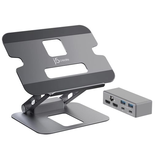 j5create ノートパソコンスタンド USB-C デュアル 4K@30 HDMIディスプレイハブ付き - USB-A 5Gbpsx2, 4K30 HDMI x2, PD 100W, USB-C 5Gbps, イーサネット |