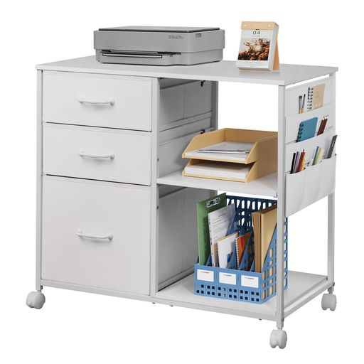 DEVAISEサイドキャビネットデスクワゴンキャビネット層板付きサイドポケット付き大容量サイドワゴン袖..