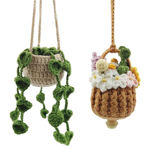 AIFUDA かわいい鉢植えの植物 かぎ針編み カーミラー 吊り下げアクセサリー 2個 車の装飾 手編みカーペンダント 女性用 バックパック カーアクセサリー ホームデコレーション