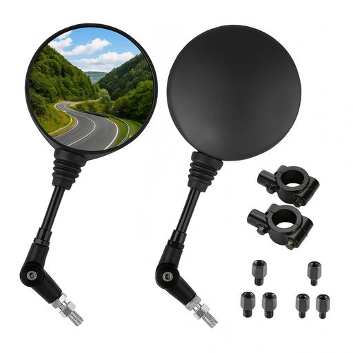 SEMIMOバイク用丸型バックミラー汎用10mm正ネジ左右セット可倒式折りたたみ式オフロード対応ハンドルバーマウント付き