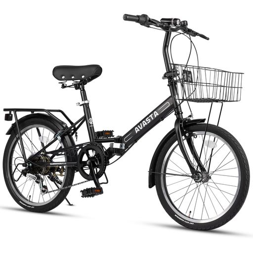 【AVASTA】Quartet20インチ折りたたみ自転車コンパクト中学生高校生大学生通勤通学自転車短距離移動シマノ7段変速前カゴ後ろ荷台リアキャリア付き夜間ライト付き錠鍵ロッカー付きマット…