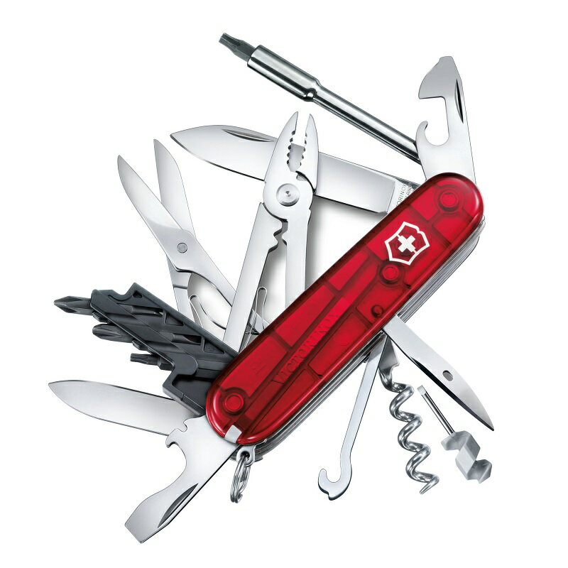 ブランド名 VICTORINOX カテゴリー マルチツール 原産国 スイス 重量 150g サイズ 縦 X 横 X 厚さ91 X 27 X 28 mm シリーズ サイバーツール カラー・品番 トランスルーセント レッド：1.7725.T 【ブルーは販売を終了しました】 材質 ブレード：ステンレススチール ハンドル：セリドール樹脂 機能 1 ラージブレード（大刃） 2 スモールブレード(小刃） 3 コルクせん抜き 4 カン切り 5 - マイナスドライバー (3mmフィリップス型2-3にも対応) 6 せん抜き 7 - マイナスドライバー（6mm） 8 - ワイヤーベンダー／ストリッパー 9 リーマー（穴あけ)／パンチ、糸通し 10 キーリング 11 ピンセット (毛抜き） 12 ツースピック (つまようじ) 13 レンチ 14 - 5mm ヘックスドライバー(D-SUBコネクター用) 15 - 4mm ヘックスドライバー（ビット用） 16 フィリップスビット 0 17 フィリップスビット 1 18 ビットケース 19 スロットビット 4mm 20 フィリップスビット 2 21 ヘックスビット 4mm 22 トルクスビット 8 23 トルクスビット 10 24 トルクスビット 15 25 ボールペン 26 虫ピン 27 メガネドライバー 28 プライヤー 29 - ワイヤーカッター 30 - 端子つぶし 31 はさみ 32 マルチフック 特徴 サイバーツールは、従来のナイフ・せん抜きなどの機能はそのままに、IT・デジタル作業に対応する機能を加えたモデルです。 S (27機能)、M（32機能)、LEDとルーペの付いたタイプのライト (34機能)、フル装備 (39機能) のLの4タイプがあります。 ・ PCの自作や修理、ガジェットの分解に ・ 電子工作からテスト回路を組むエンジニアの方に ・ フィギア作りやおもちゃの修理 ・ 日曜大工・DIYで細かな作業をするときに 趣味でも仕事でも役に立つ、多機能なのにコンパクトな小さな工具箱です。 パッケージサイズ ◆ピロー型ギフトボックス(S)あわせ買い対象商品 縦 x 横 x 厚み/高さ： 約 115 x 47 x 33 mm ケース分類番号 1※分類・対応ケース例はご参考の目安としてご利用下さい。汎用製品のため、フィット感・サイズ感はお好みにより異なりますので予めご了承下さいますようお願いいたします。