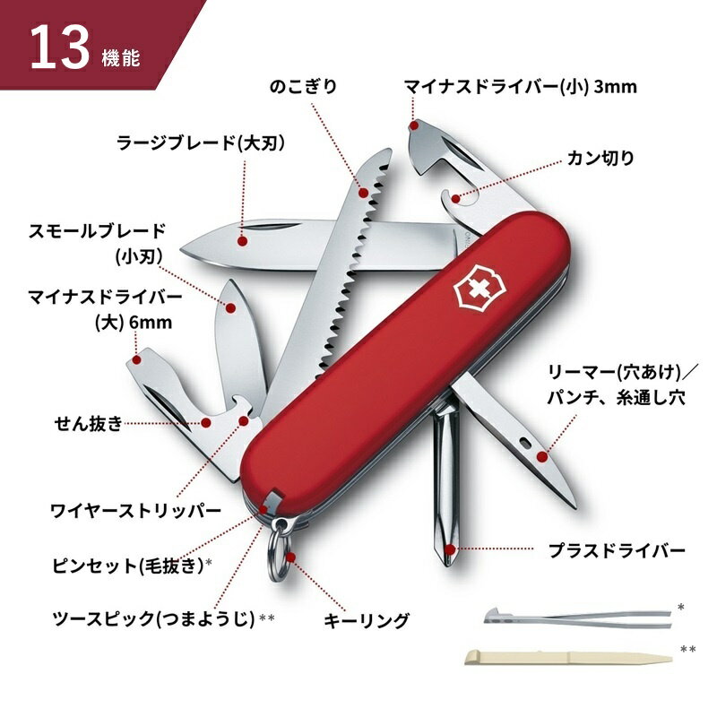 公式限定レビュー特典 ビクトリノックス VICTORINOX 公式 ハイカー 1.4613 正規品 ナイフ アウトドア キャンプ用品 防災グッズ アウトドアナイフ 工具セット 家庭用 登山 BBQ 釣り ハイキング ノコギリ 折りたたみ スイス マルチツール 十徳ナイフ プレゼント 誕生日 父の日