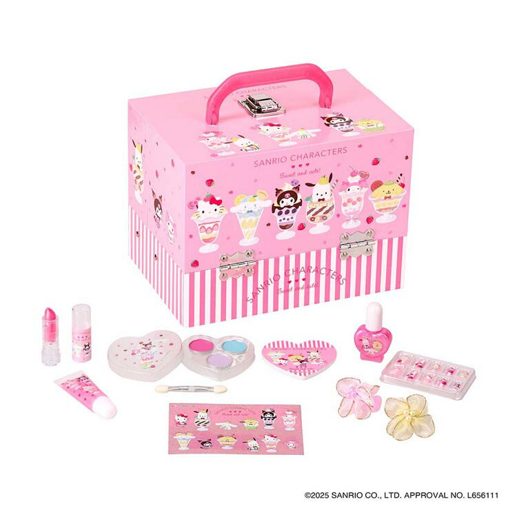 サンリオキャラクターのキッズコスメが登場！2025年に周年を迎えるマイメロディ（50周年）、クロミ（20周年）をメインとしたデザインやパフェをテーマにしたキュートなデザインで見た目も楽しめるかわいいコスメに仕上がりました♪リップグロス1個、アイシャドウパレット1個（3色）リップスティック1個、ネイルカラー1個、アイシャドウチップ1本、ヘアアクセサリー2個、つけ爪1個、ホログラムシール1枚、爪やすり1個の豪華なセット。対象年齢：6歳以上レイスのキッズコスメは、日本の薬機法に基づき処方されており、配合されている原料のチェック、処方の管理を厳しく行っています。●商品サイズ（cm）幅約20×奥行約13×高さ約14●商品重量約1kg●対象月齢6歳〜【販売名：リップグロスLRD 005】●配合成分ミネラルオイル、ポリイソブテン、パルミチン酸エチルヘキシル、水添（スチレン/イソプレン）コポリマー、ホウケイ酸（Ca/AI）、フェノキシエタノール、メチルパラベン、プロピルパラベン、酸化チタン、酢酸トコフェロール、エチルパラベン、赤201、赤202、テトラ（ジ−t−ブチルヒドロキシヒドロケイヒ酸）ペンタエリスリチル、酸化スズ（LGLRD 005）【販売名：アイシャドウPRD 302】●配合成分マイカ、ステアリン酸Mg、シリカ、酸化チタン、トリ（カプリル酸/カプリン酸）グリセリル、パルミチン酸エチルヘキシル、ポリイソブテン、マンガンバイオレット、フェノキシエタノール、青1、メチルパラベン、プロピルパラベン、赤202、黄4、エチルパラベン、赤201（ESPRD 302）【販売名：リップスティックRD 004】●配合成分パルミチン酸エチルヘキシル、トリメリト酸トリトリデシル、トリ（カプリル酸/カプリン酸）グリセリル、ワセリン、ポリエチレン、ミツロウ、マイクロクリスタリンワックス、合成ワックス、ホウケイ酸（Ca/AI）、フェノキシエタノール、シア脂、メチルパラベン、プロピルパラベン、酢酸トコフェロール、赤202、酸化チタン、エチルパラベン、赤201、酸化スズ （LSRD 004）【販売名：水性ネイルカラーRD 005】●配合成分水、ポリビニルアルコール、ホウケイ酸（Ca/AI）、フェノキシエタノール、ポリアクリル酸、テトラヒドロキシプロピルエチレンジアミン、メチルパラベン、酢酸Na、酢酸トコフェロール、酸化チタン、赤227、青1、酸化スズ（WNCRD 005）アイシャドウチップヘアゴム×2ホログラムシール爪やすりネイルチップ（検索用：キッズコスメ キッズ コスメ メイク プレゼント 玩具 サンリオ バニティ メイクセット 玩具 4589581117230）最強翌日配送対象商品に関するご案内 最強翌日配送対象商品・対象地域に該当する場合は最強翌日配送マークがご注文カゴ近くに表示されます。 最強翌日配送可能なお支払方法は【クレジットカード、代金引換、全額ポイント支払い】のみとなります。 下記の場合は最強翌日配送対象外となります。 ・15点以上ご購入いただいた場合 ・時間指定がある場合 ・ご注文時備考欄にご記入がある場合 ・決済処理にお時間を頂戴する場合 ・郵便番号や住所に誤りがある場合 ・最強翌日配送対象外の商品とご一緒にご注文いただいた場合 ・お届け先住所文字数が40文字以上の場合