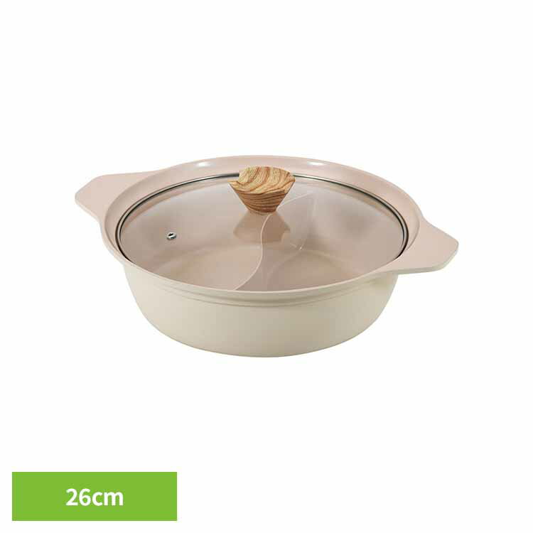 Rakuten - 鍋 26cm IH ガス 両手鍋 卓上鍋 火鍋 しゃぶしゃぶ鍋 セラミック塗膜 コーティング 2つ 仕切り鍋 二色鍋 お鍋 鍋蓋 鍋ふた付き お手入れ簡単 パール金属 フィオーレ セラミック加工IH対応ガラス蓋付二食鍋26cm HC-916 *