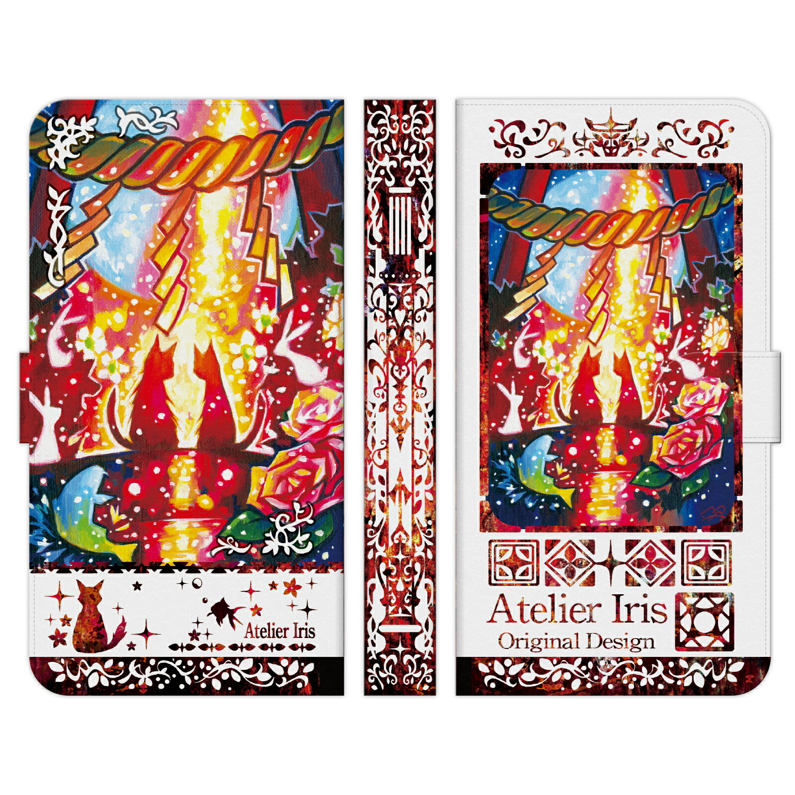 かんたんスマホ 各種 手帳型 スマホ ケース カバー brains 縁結び猫 白地 レッド 猫 動物 かわいい きれい 油絵 デザイン イラスト 縁結び ご利益 ウサギ 魚 バラ 光 出会い なかよし A205KC A001KC