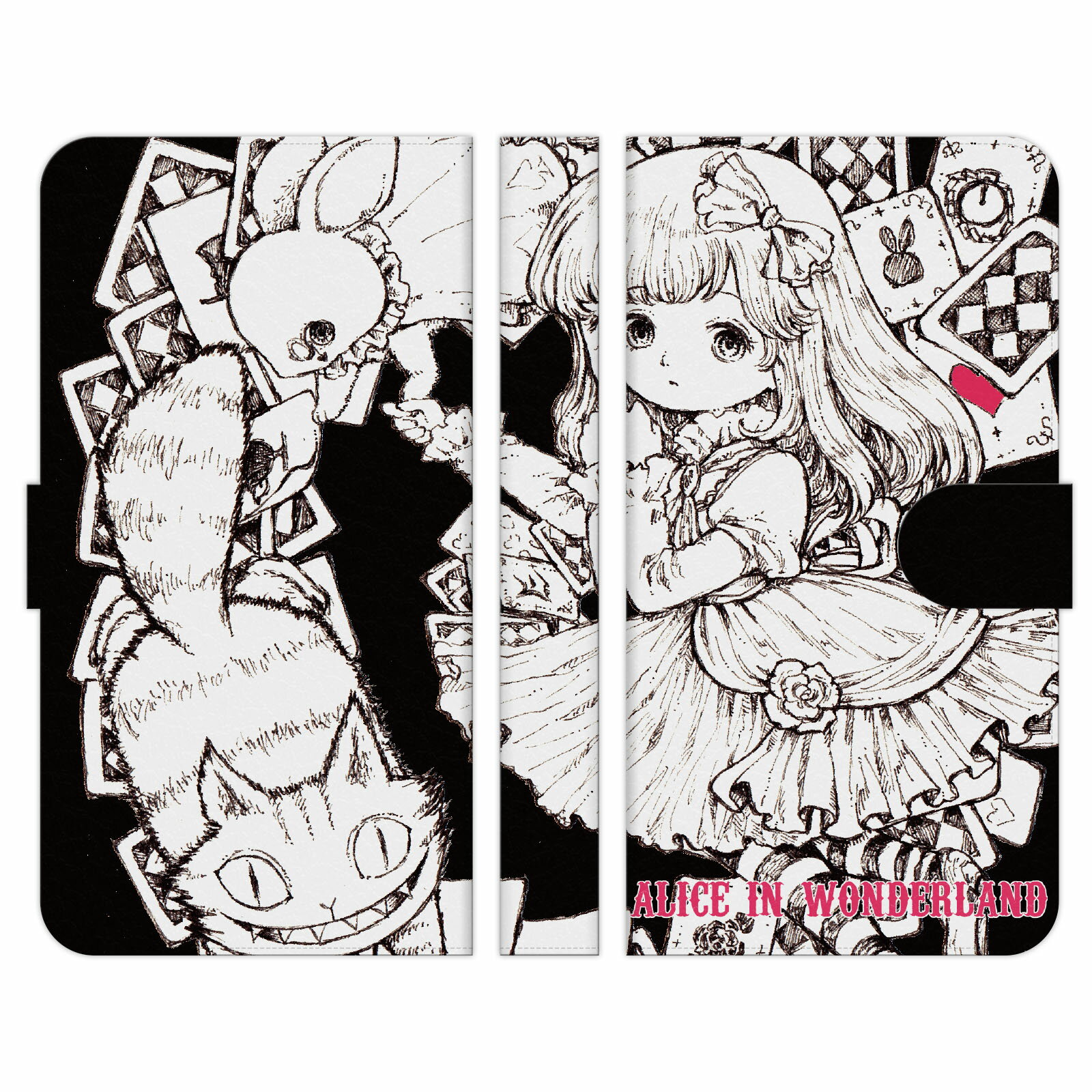 OPPO A55s 5G 手帳型 スマホ ケース カバー 不思議の国のアリス トランプ 黒 cinnamon 時計うさぎ アリス 物語 アンティーク オリジナル ギフト グッズ 綺麗 おしゃれ スマホカバー イラスト オッポ ファイブジー 55 折りたたみ スタンド 手帳 スマートフォンケース