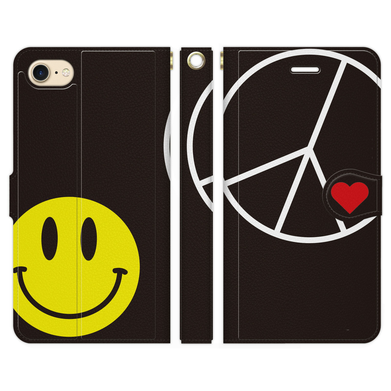 iPhone SE 第3世代 第2世代 iPhone8 iPhone7 6 6s 兼用 手帳型 ケース カバー PEACE & SMILE F スマイリー スマイリーフェイス スマイル スマイルマーク ニコちゃん かわいい グッズ 雑貨 折りたたみ カード入れ ポケット iPhoneSE3 iPhoneSE2 SE3 SE2 2022 2020 8 7