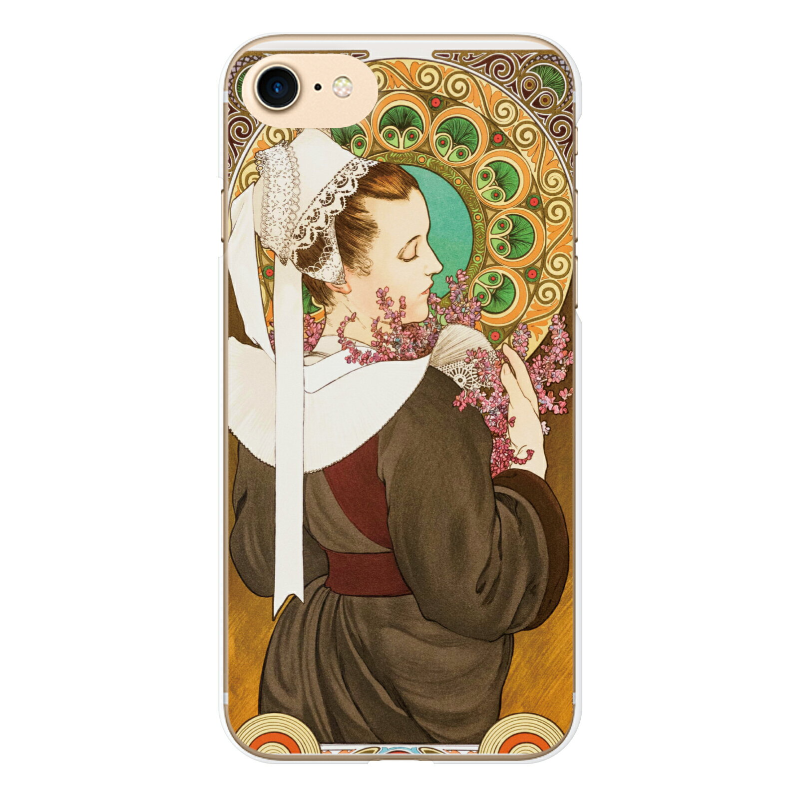 AQUOS R compact SHV41 SH-M06 専用 ハード スマホケース ミュシャ ヒースの花 乙女 髪飾り alphonse mucha 版画 リトグラフ レース 人物 花 花びら 草木 花柄 アール ヌーボー アルフォンス 名作 名画 画家 絵画 西洋画 ヴィンテージ おもしろ ユニーク 個性的 ペア