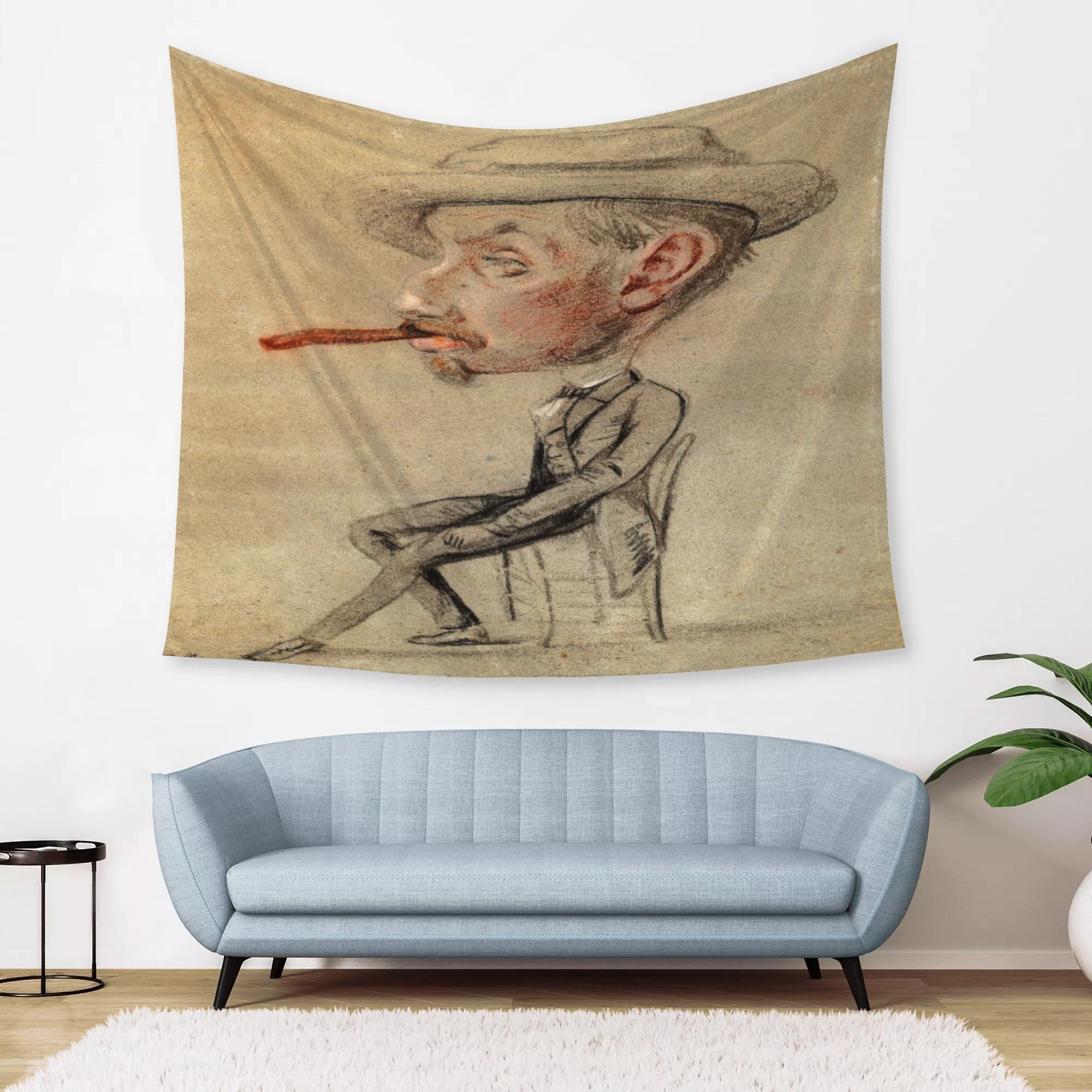 クロード・モネ 大きな葉巻を持つ男の似顔絵(タペストリー) タペストリー ユニセックス ホームデコレー..