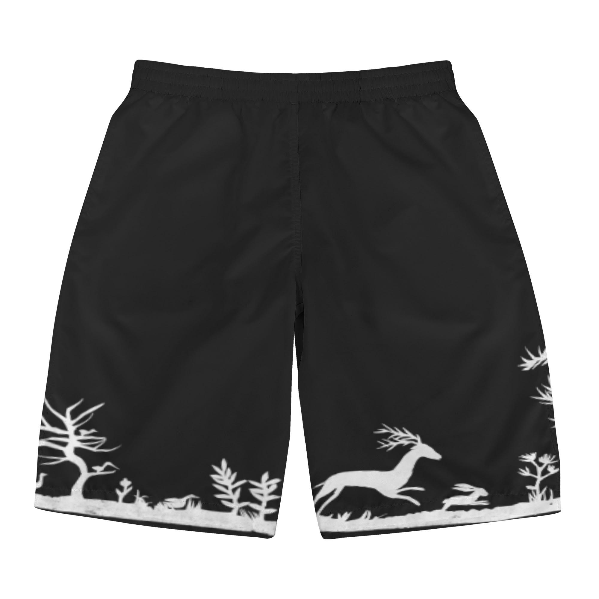 動物と植物の版画(メンズサーフパンツ) メンズサーフパンツ メンズ 動物 ボタニカル 鳥 植物 木 黒 鹿 シカ 地面 アヒル Hiibuni