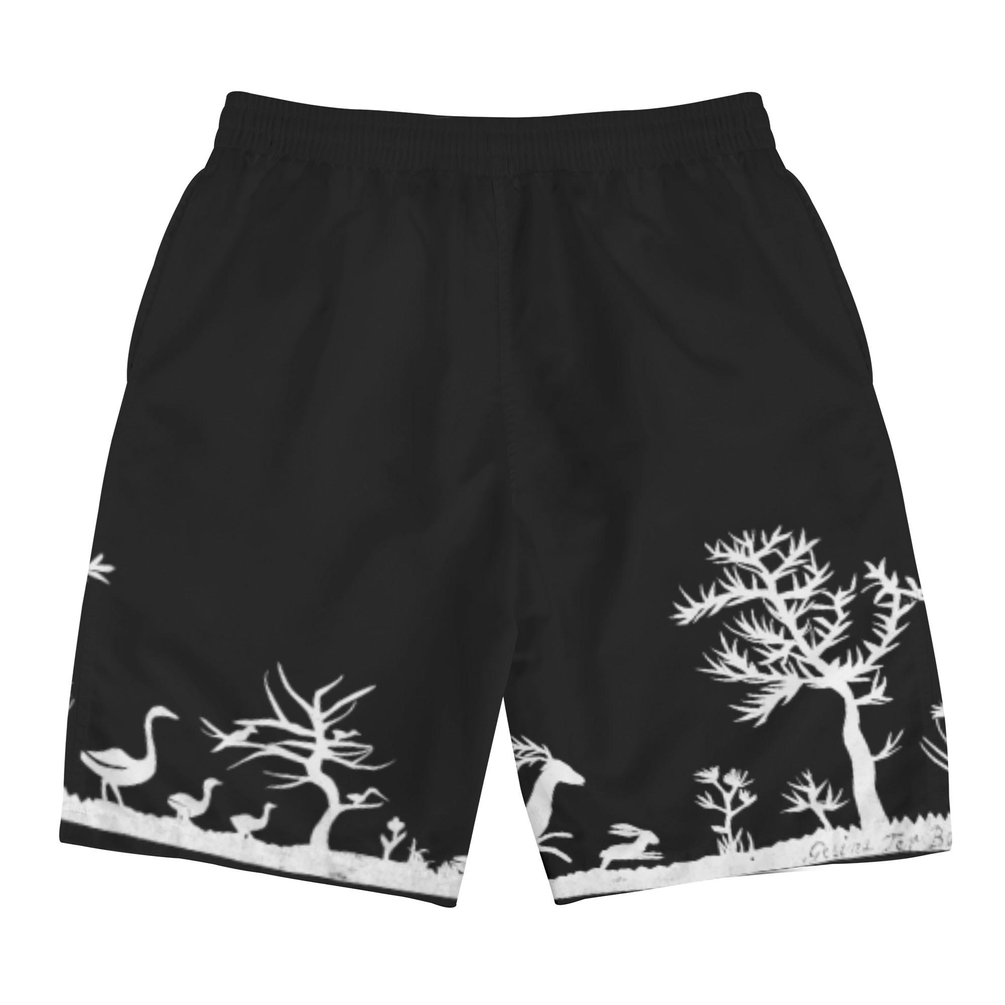 動物と植物の版画(メンズサーフパンツ) メンズサーフパンツ メンズ 動物 ボタニカル 鳥 植物 木 黒 鹿 シカ 地面 アヒル Hiibuni