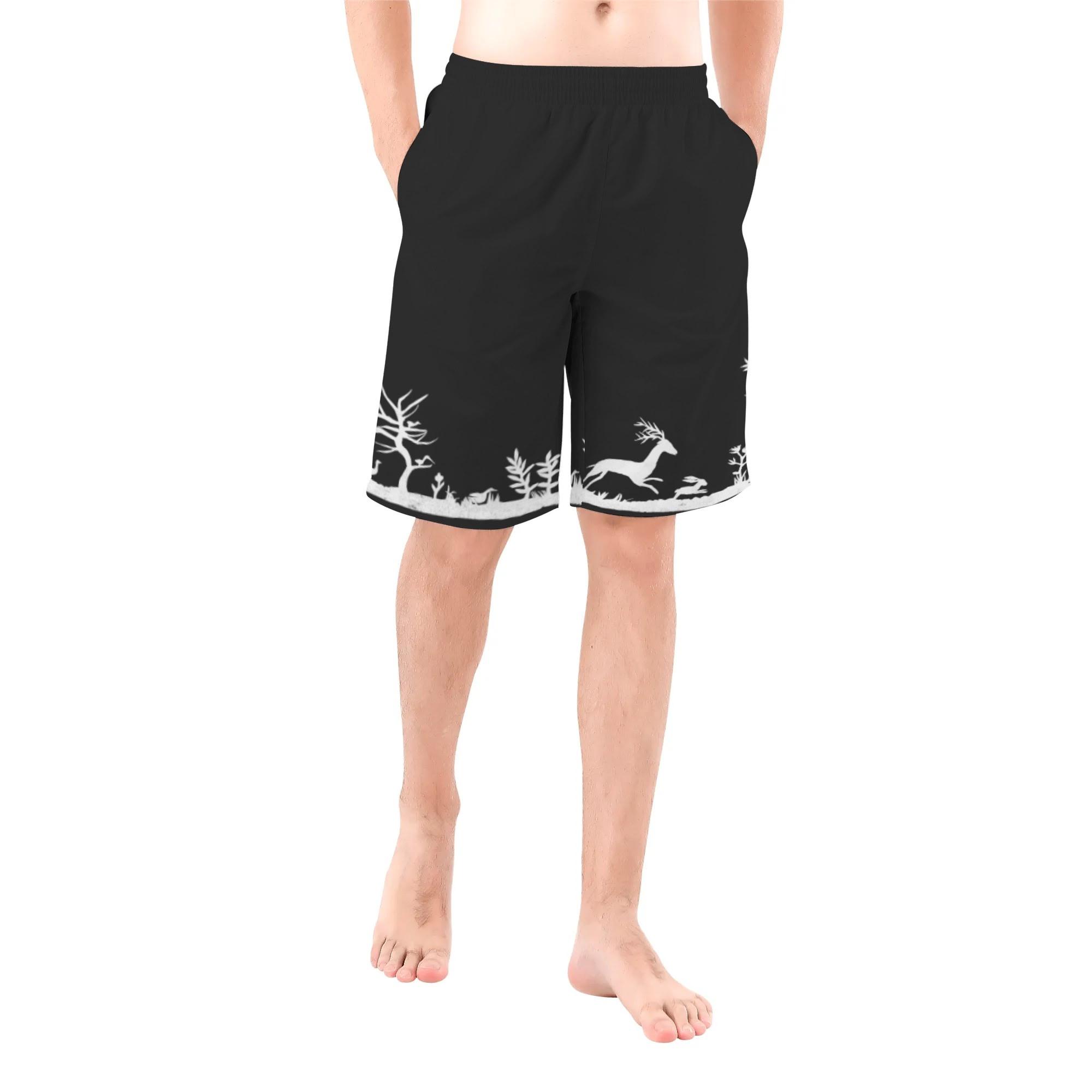動物と植物の版画(メンズサーフパンツ) メンズサーフパンツ メンズ 動物 ボタニカル 鳥 植物 木 黒 鹿 シカ 地面 アヒル Hiibuni