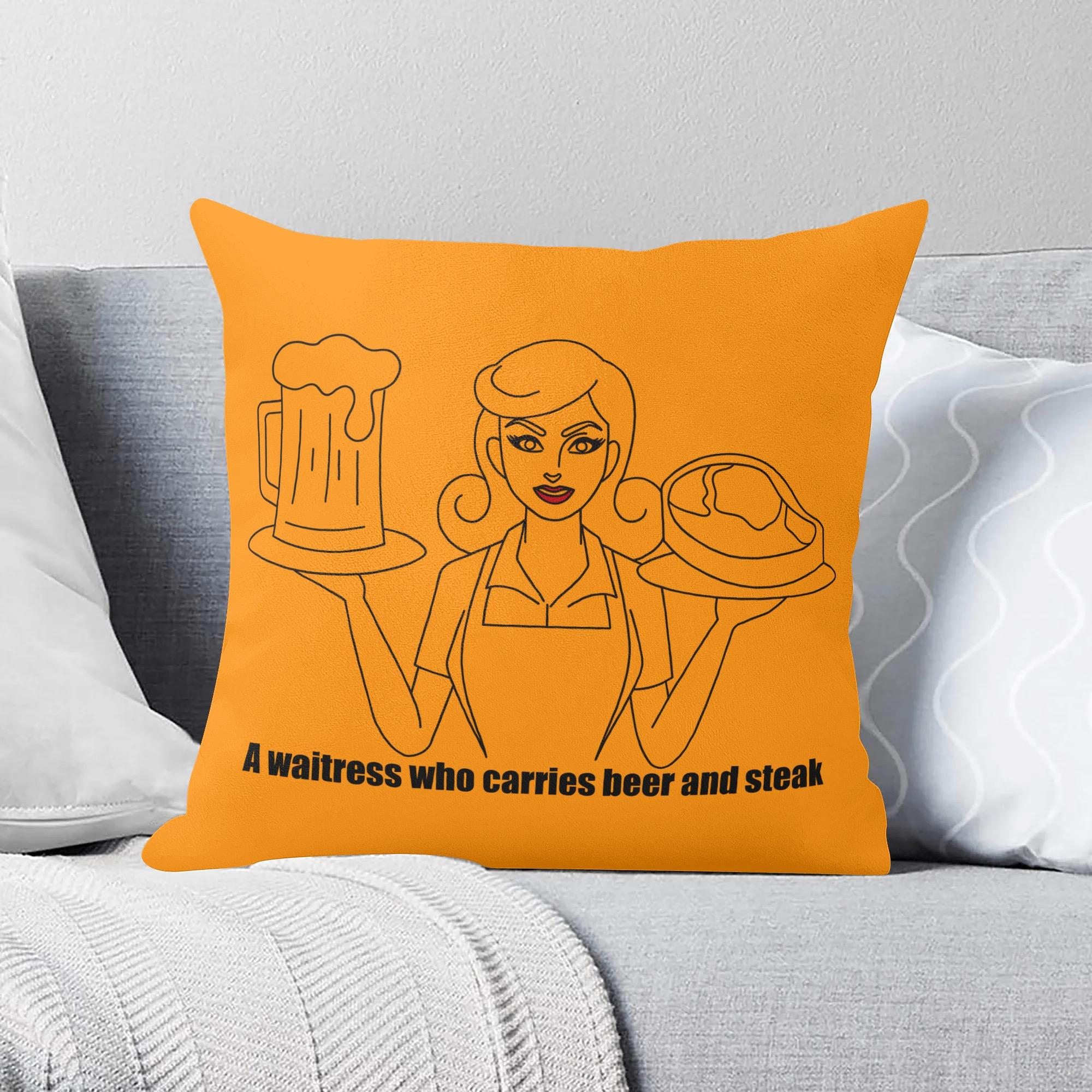 ビールとステーキを運ぶウエイトレス(フルプリントクッションカバー) フルプリントクッションカバー ユ..