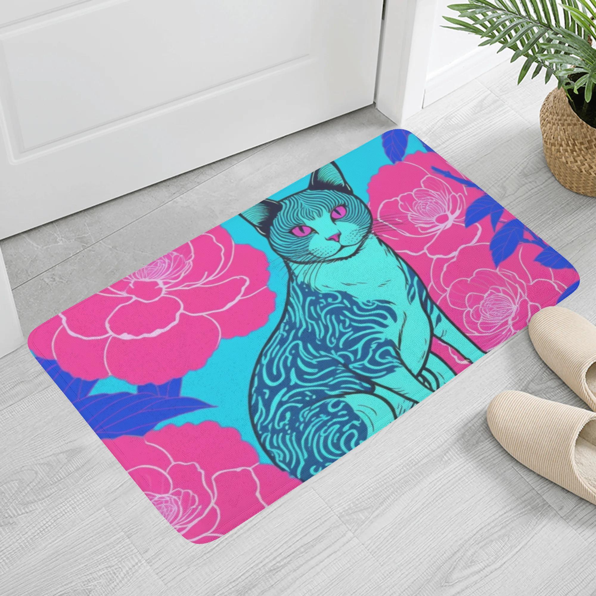 不思議な模様の水色猫(ふんわりドアマット) ふんわりドアマット ユニセックス ホームデコレーション 動物 猫 ギフト 贈り物 普段使い leojiro24